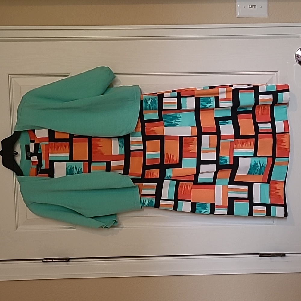 AGB Multicolor Geometric Dress with Teal Jacket